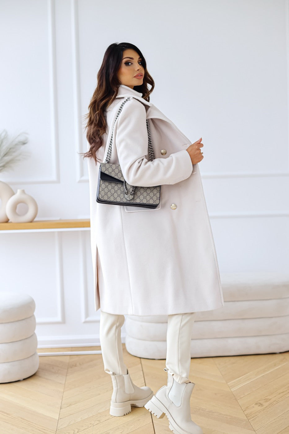 Women's Double-Breasted Long Coat with Gold Button Accents
