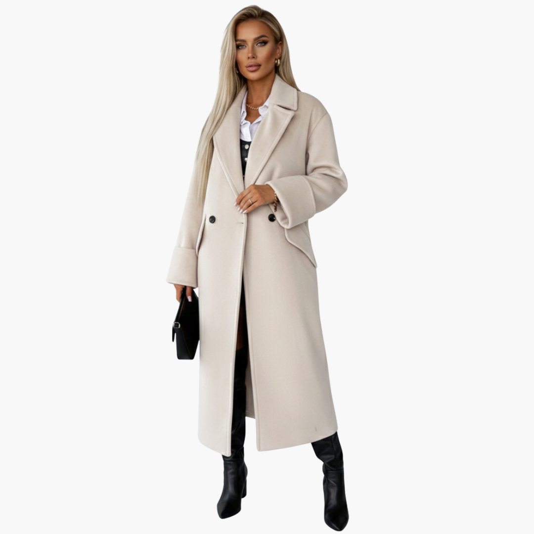 Women’s Long Wool-Blend Coat – Elegant Double-Breasted Winter Overcoat