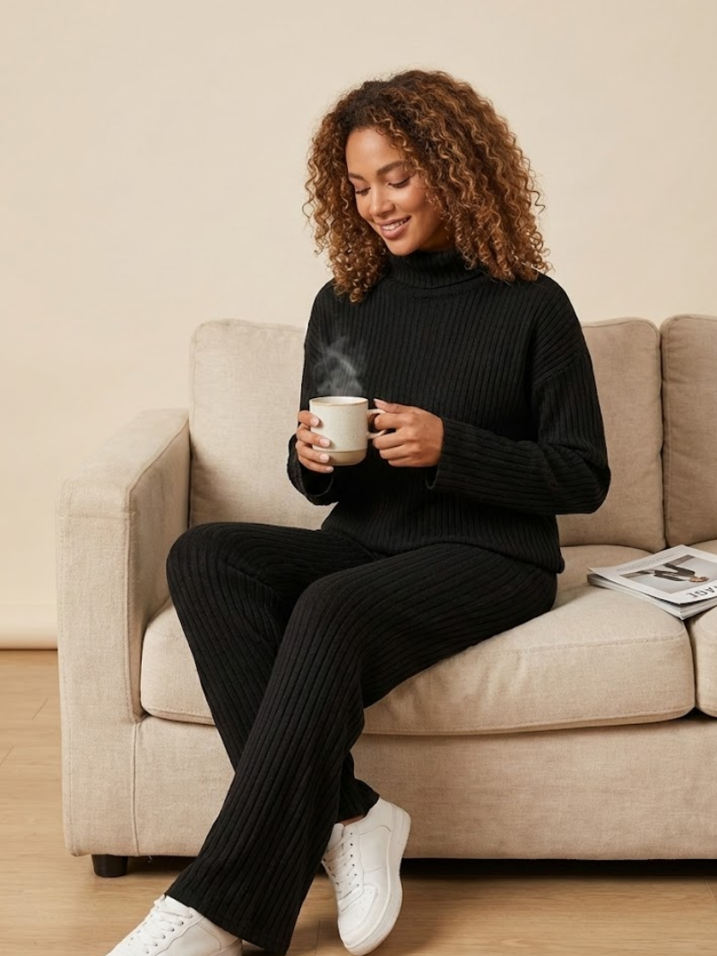 Women’s Ribbed Loungewear Set – Roll Neck Top & Straight-Leg Trousers