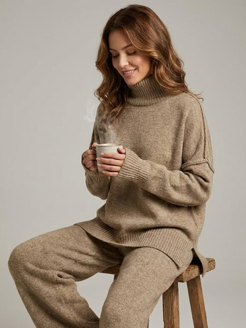 Women’s Knitted Loungewear Set – Roll Neck Jumper & Relaxed Trousers