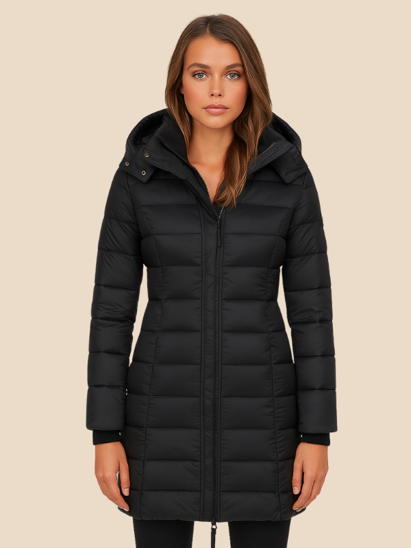 Women’s Mid-Length Puffer Coat – Warm Hooded Winter Jacket