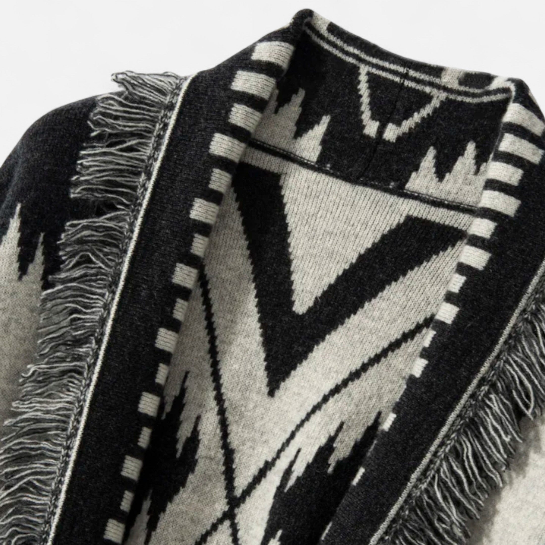 Women’s Belted Knit Cardigan – Aztec Pattern, Fringe Detail