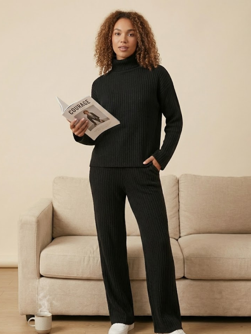 Women’s Ribbed Loungewear Set – Roll Neck Top & Straight-Leg Trousers