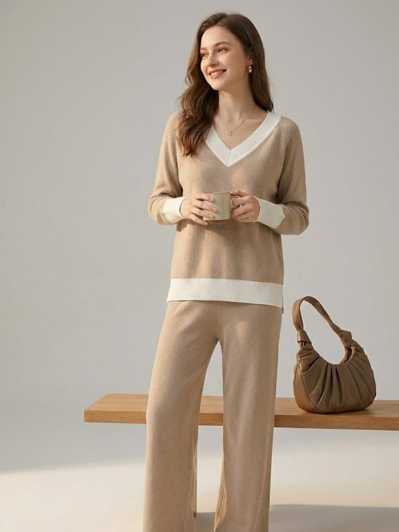 Women’s Knitted Lounge Set – V-Neck Top & Wide-Leg Trousers
