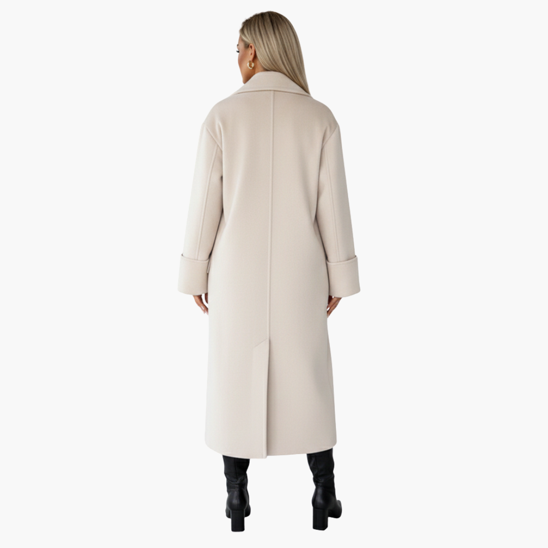 Women’s Long Wool-Blend Coat – Elegant Double-Breasted Winter Overcoat