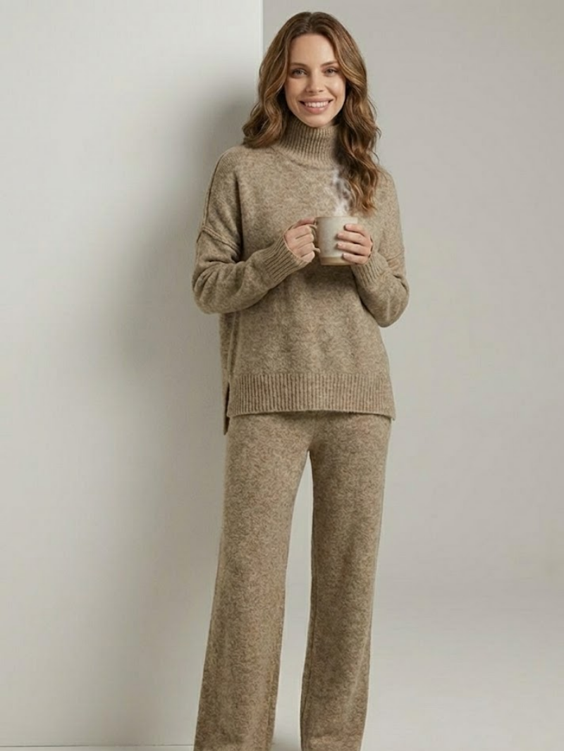 Women’s Knitted Loungewear Set – Roll Neck Jumper & Relaxed Trousers