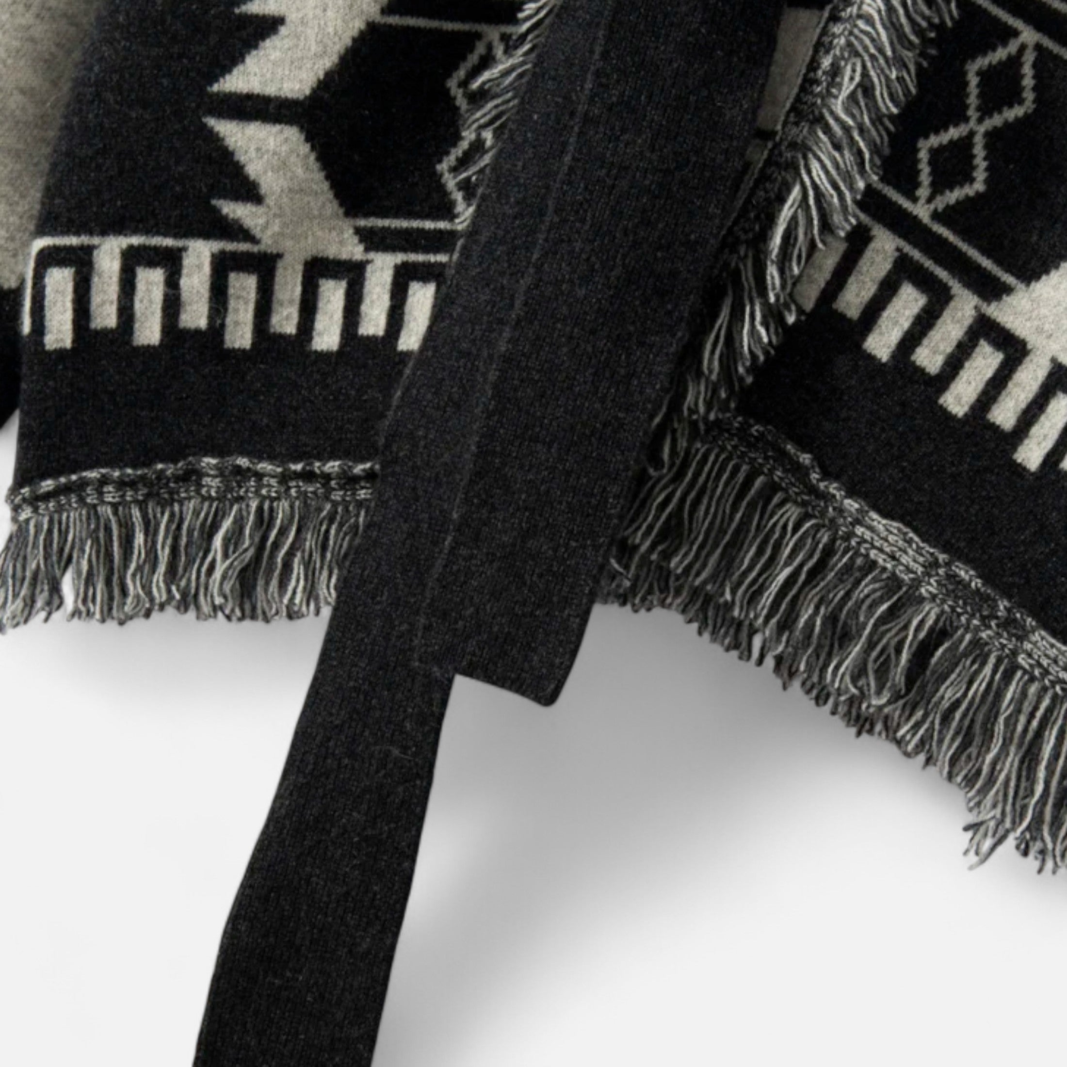 Women’s Belted Knit Cardigan – Aztec Pattern, Fringe Detail