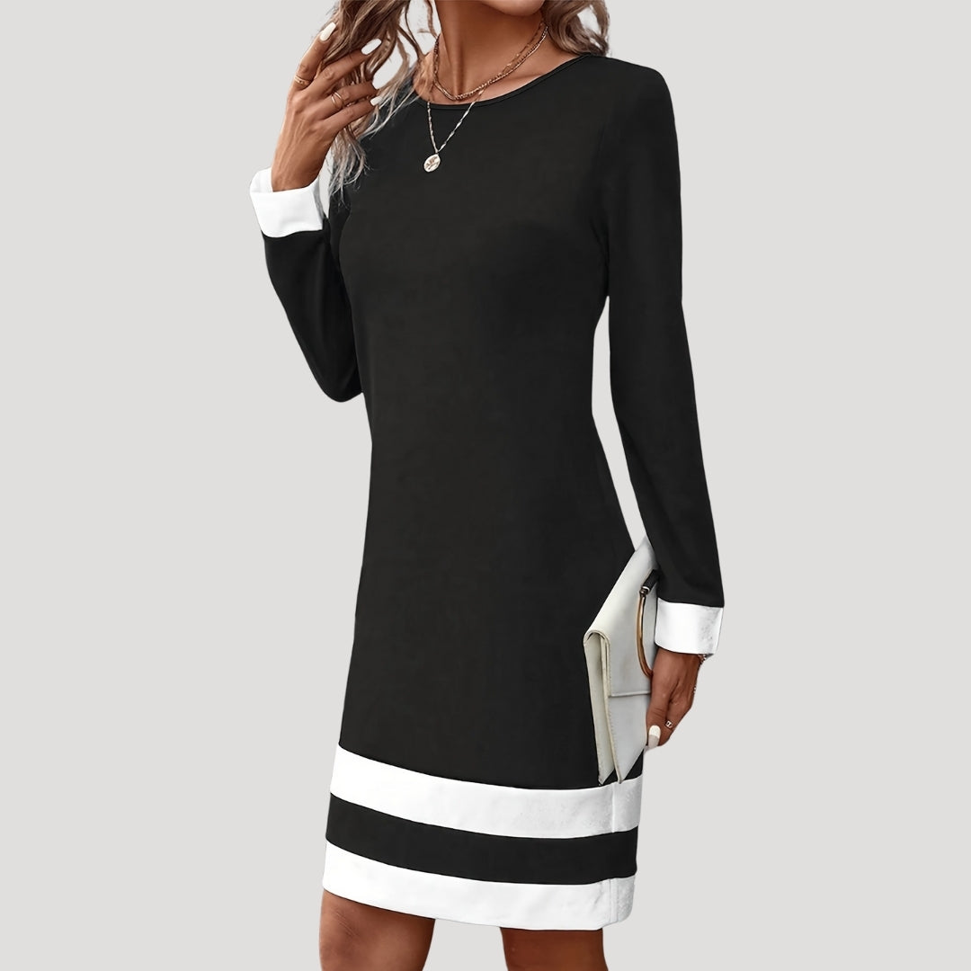 Women’s Elegant Contrast-Trim Shift Dress – Long Sleeve Edition