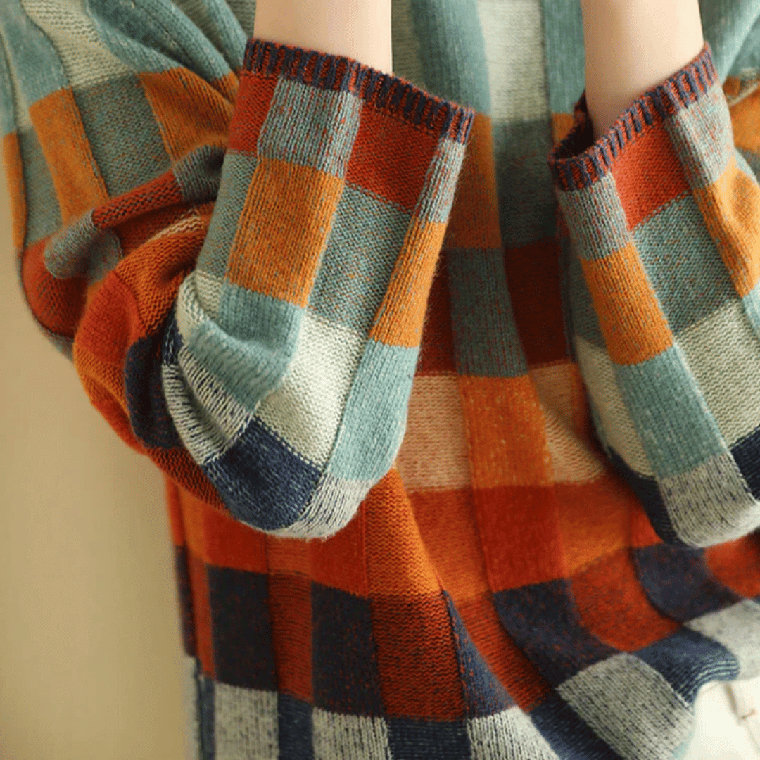 Women’s Soft Checkered Turtleneck Sweater – Cozy Retro Patchwork Knit