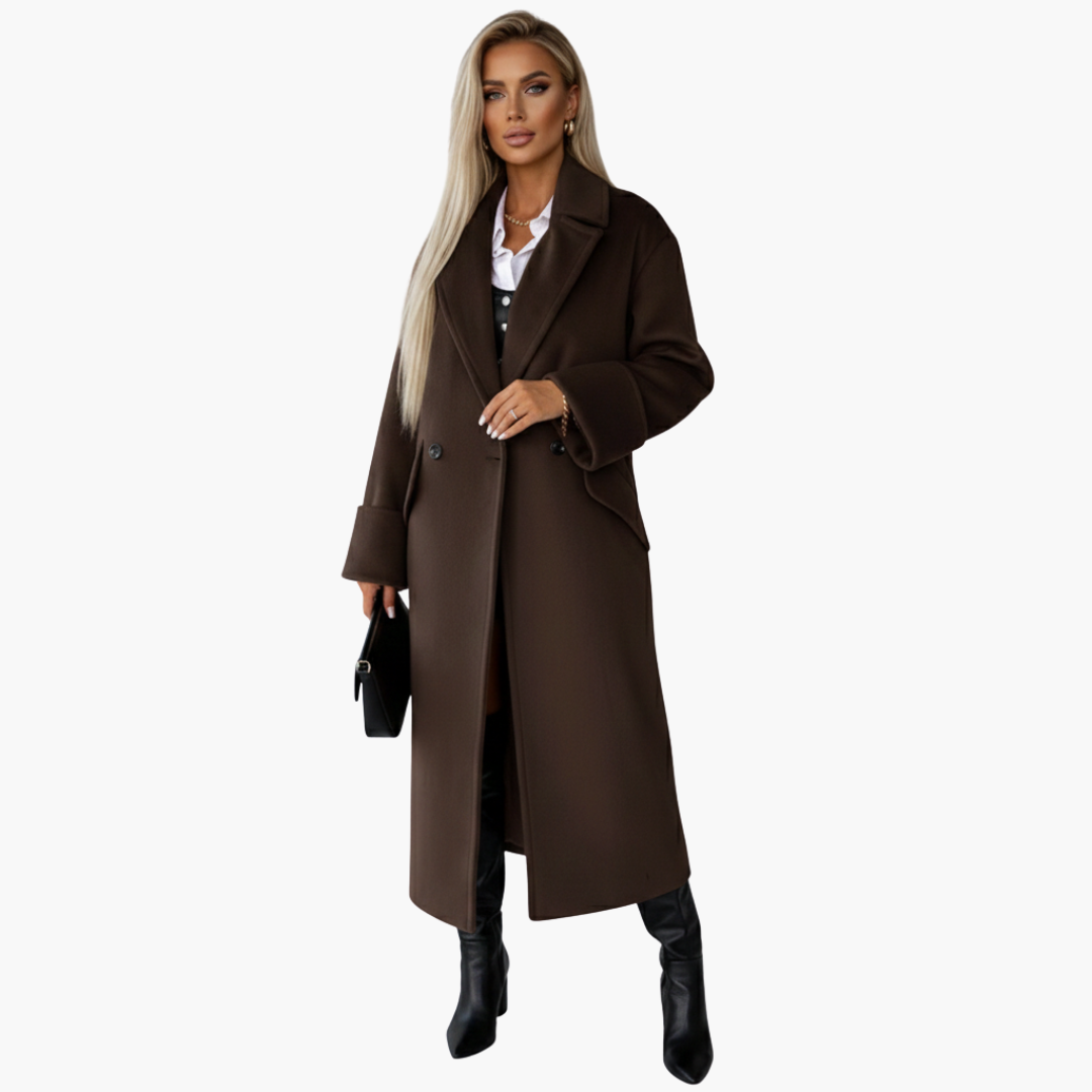 Women’s Long Wool-Blend Coat – Elegant Double-Breasted Winter Overcoat