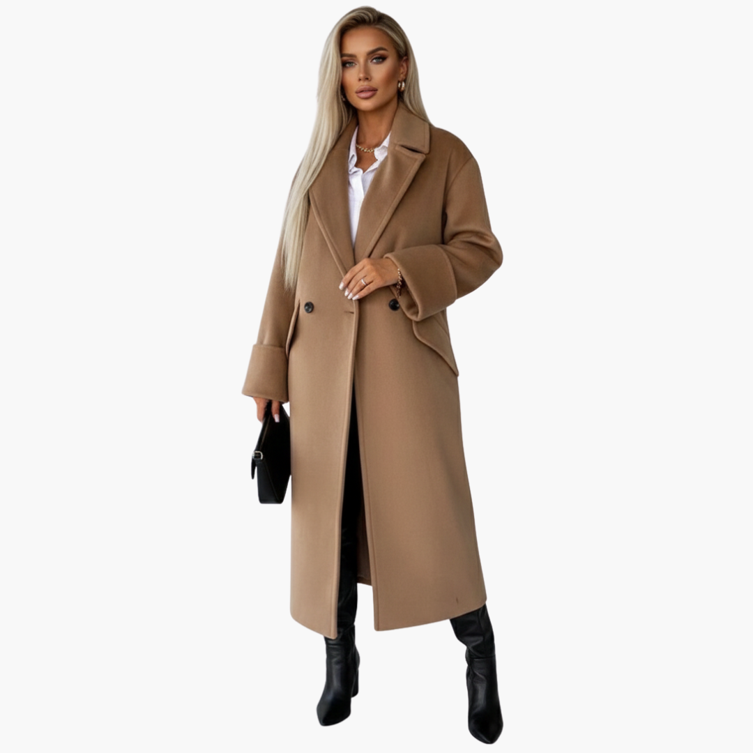 Women’s Long Wool-Blend Coat – Elegant Double-Breasted Winter Overcoat