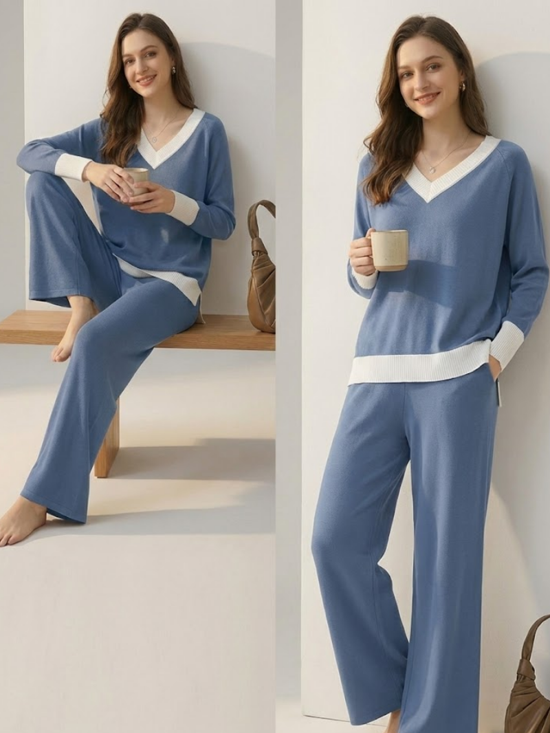 Women’s Knitted Lounge Set – V-Neck Top & Wide-Leg Trousers
