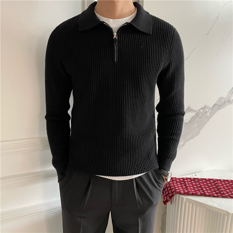 Men’s Half-Zip Polo Knit Sweater – Premium Textured Cotton Blend