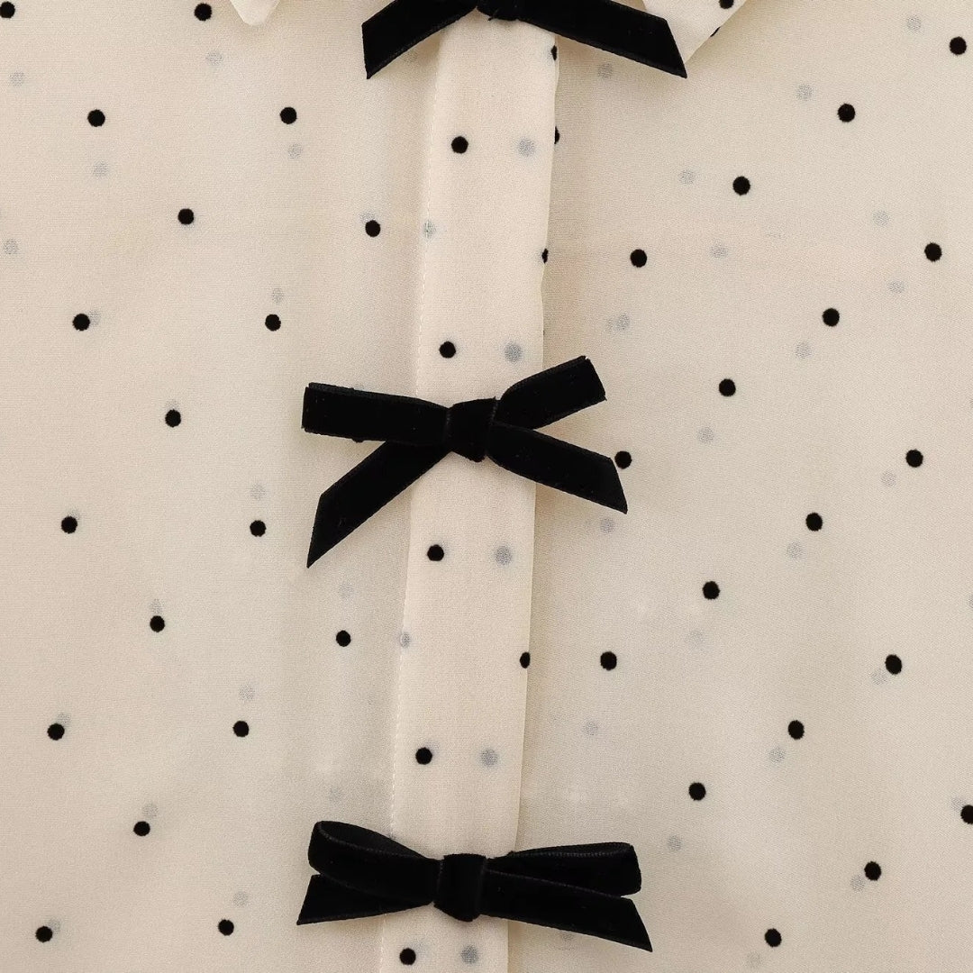 Polka Dot Chiffon Blouse with Bow Details – Cream