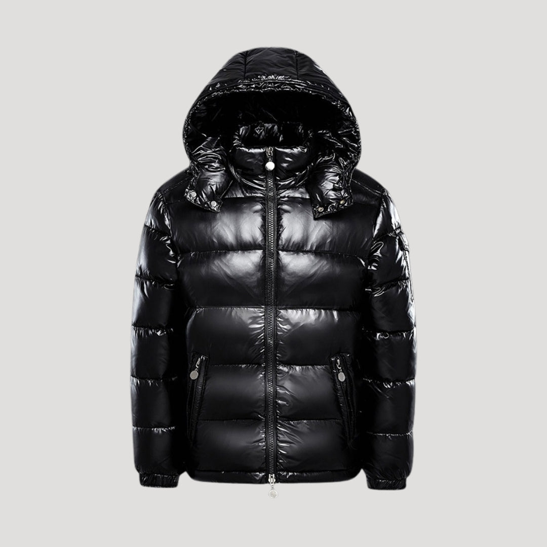 Men’s Glossy Black Hooded Puffer Jacket – Ultra Warm Winter Coat