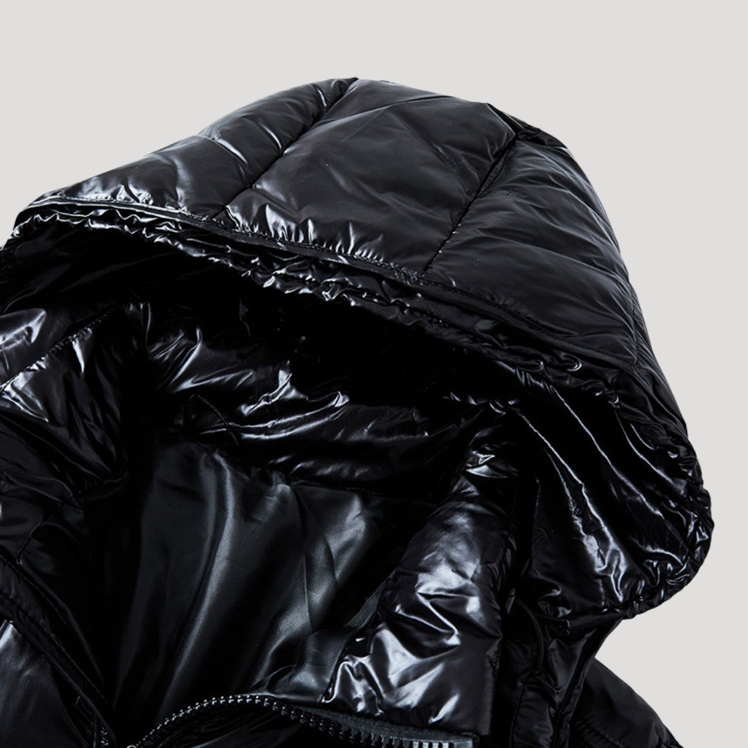 Men’s Glossy Black Hooded Puffer Jacket – Ultra Warm Winter Coat
