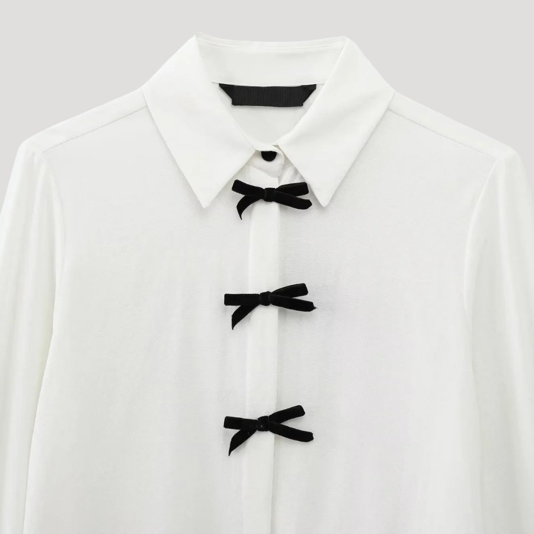 Polka Dot Chiffon Blouse with Bow Details – Cream