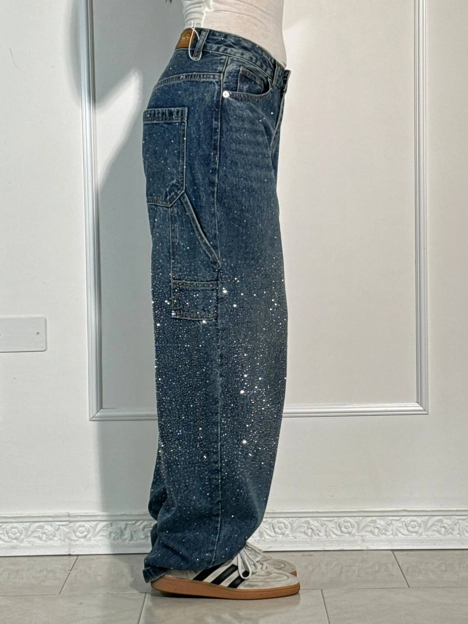 Women’s Paint-Splatter Straight Leg Jeans – Dark Blue High-Waist Denim