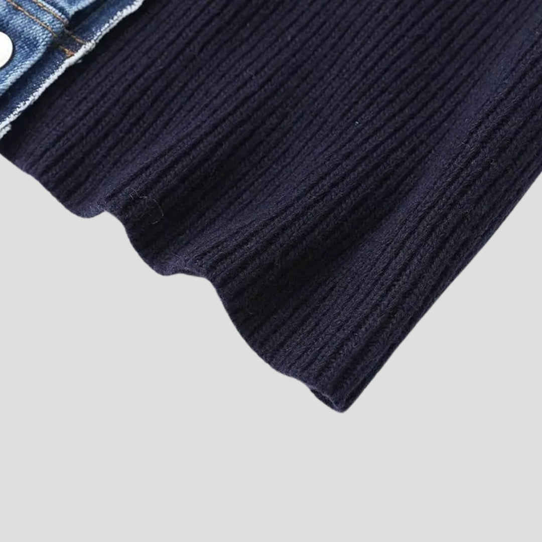 Women’s navy knit cardigan with denim trim