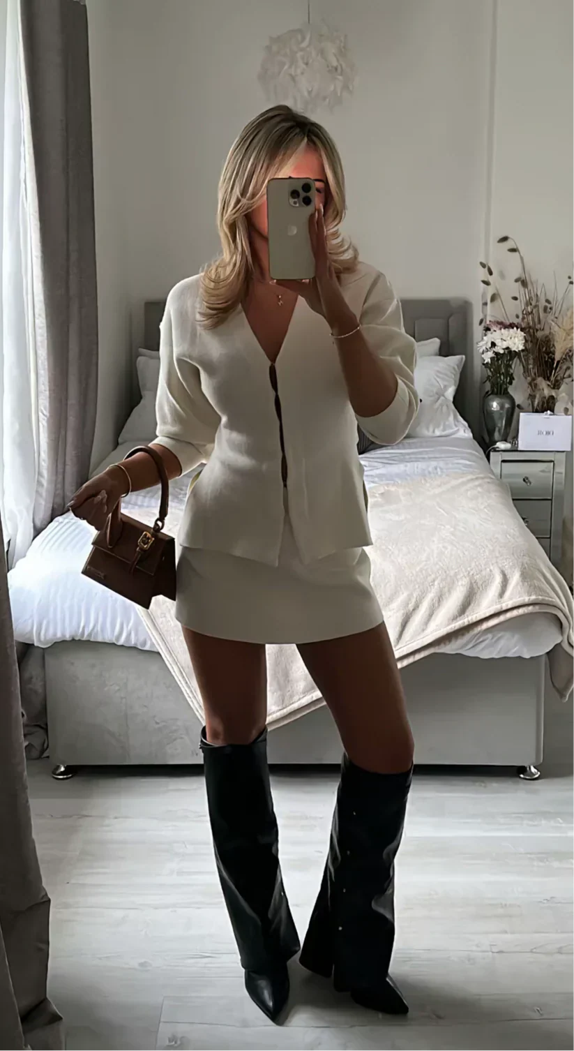 Women’s Two-Piece Button Front Skirt Set – Elegant Long-Sleeve Top & Mini Skirt