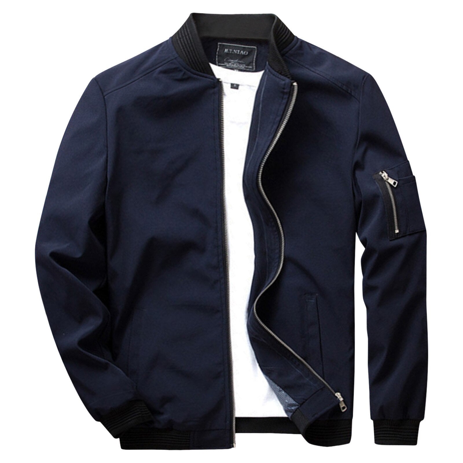 Men's Full-Zip Bomber Jacket - Ribbed Trim & Sleeve Pocket