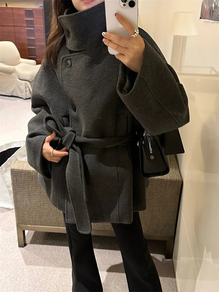 Women’s High-Neck Wool Blend Belted Short Coat – Elegant Winter Jacket