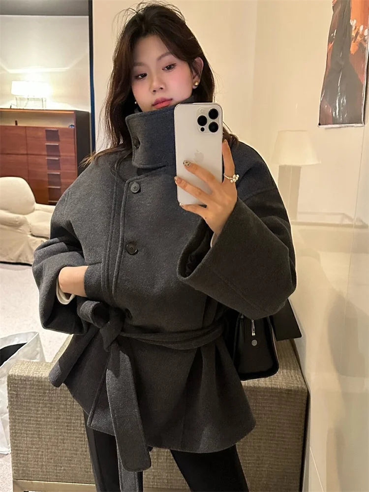 Women’s High-Neck Wool Blend Belted Short Coat – Elegant Winter Jacket