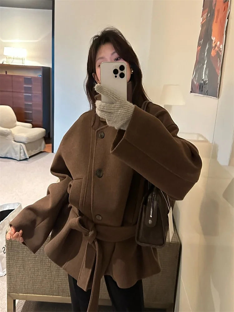 Women’s High-Neck Wool Blend Belted Short Coat – Elegant Winter Jacket