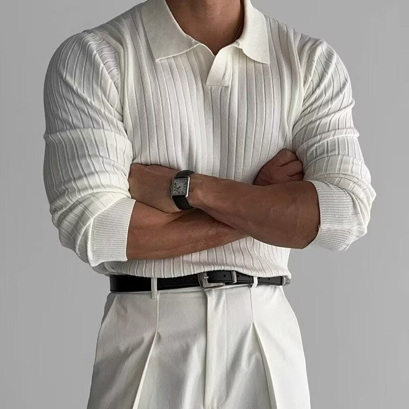 Men’s Ribbed Knit Polo Shirt – Slim Fit Luxury Cotton Blend