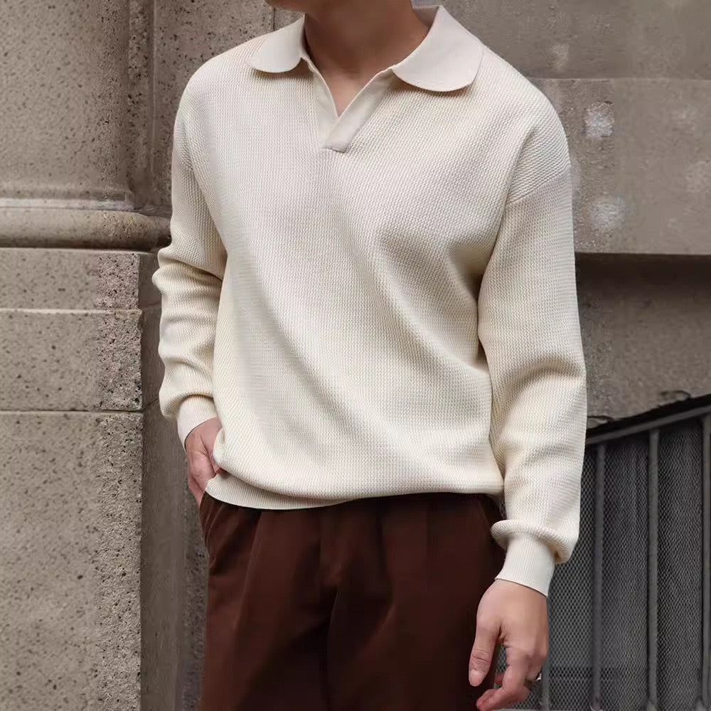 Men’s Knitted Polo Sweater – Lightweight Soft Cotton Blend Long Sleeve