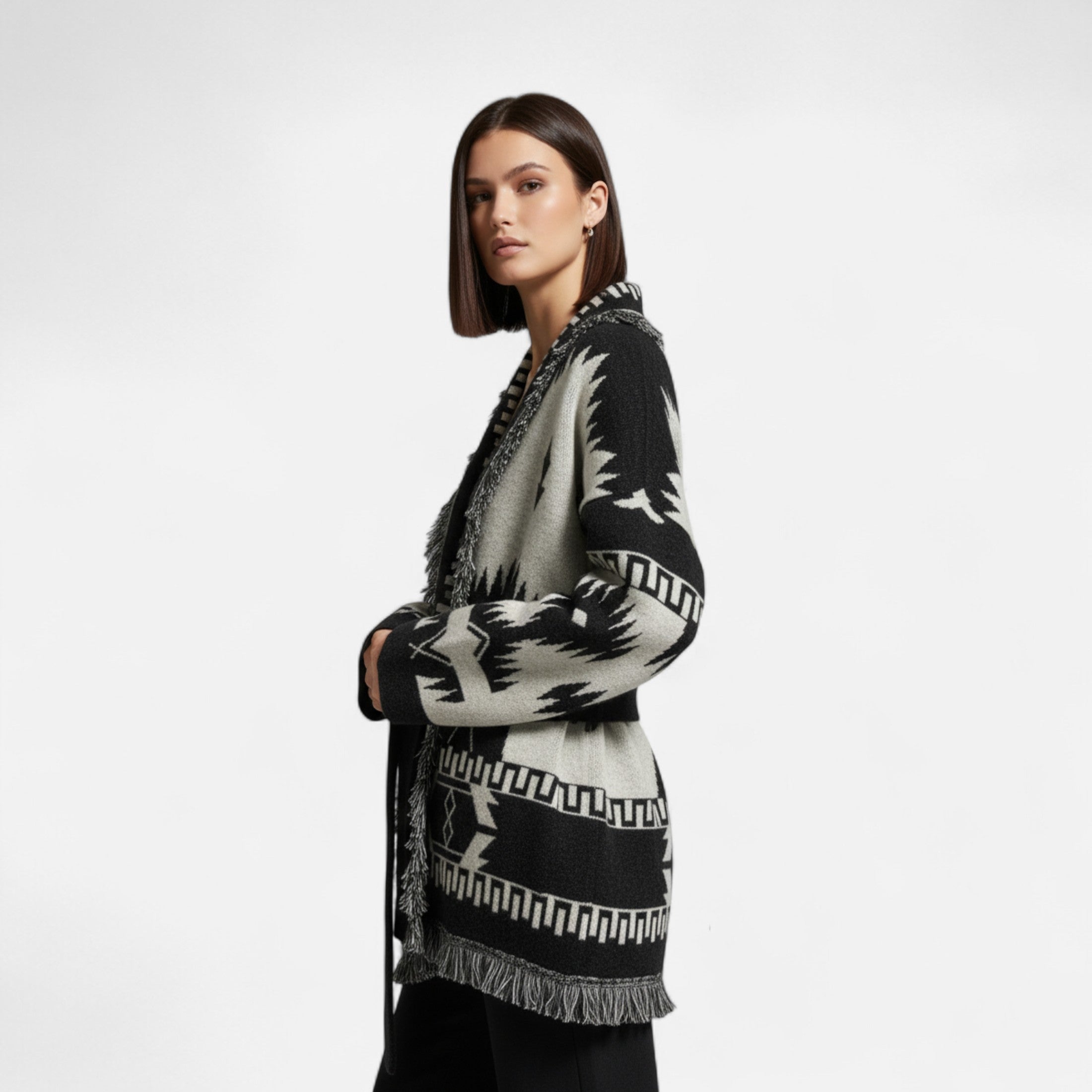Women’s Belted Knit Cardigan – Aztec Pattern, Fringe Detail