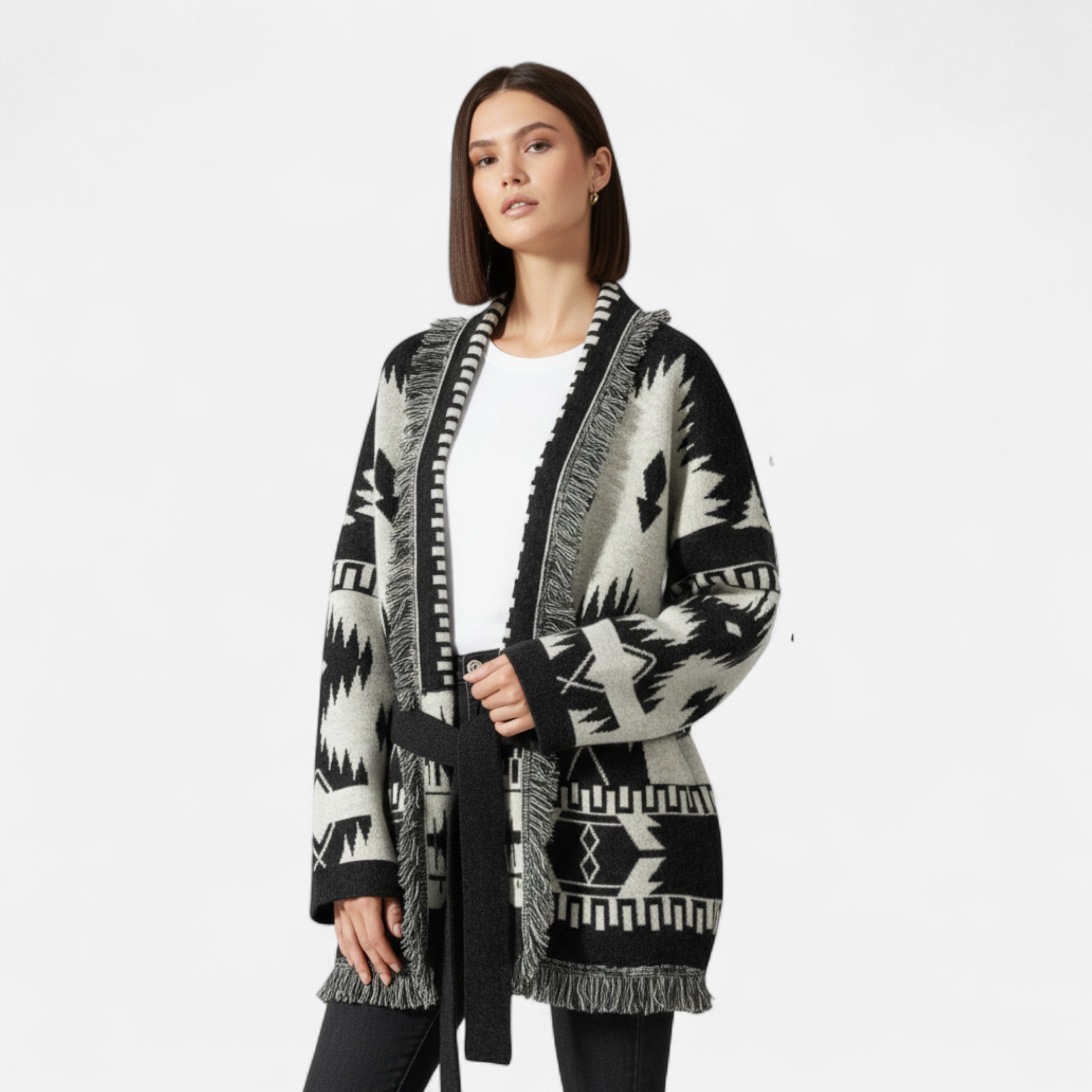 Women’s Belted Knit Cardigan – Aztec Pattern, Fringe Detail