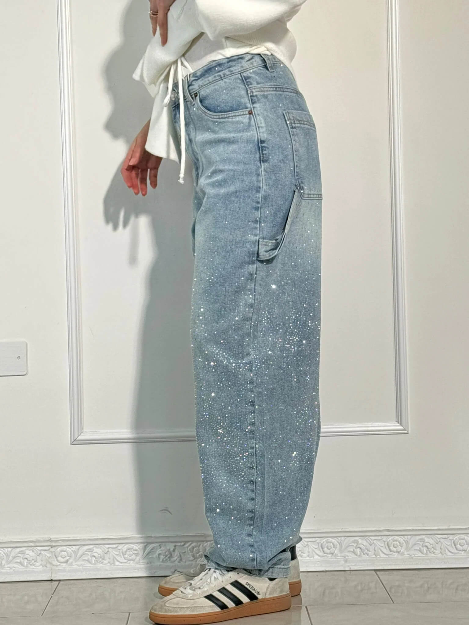 Women’s Paint-Splatter Straight Leg Jeans – Dark Blue High-Waist Denim