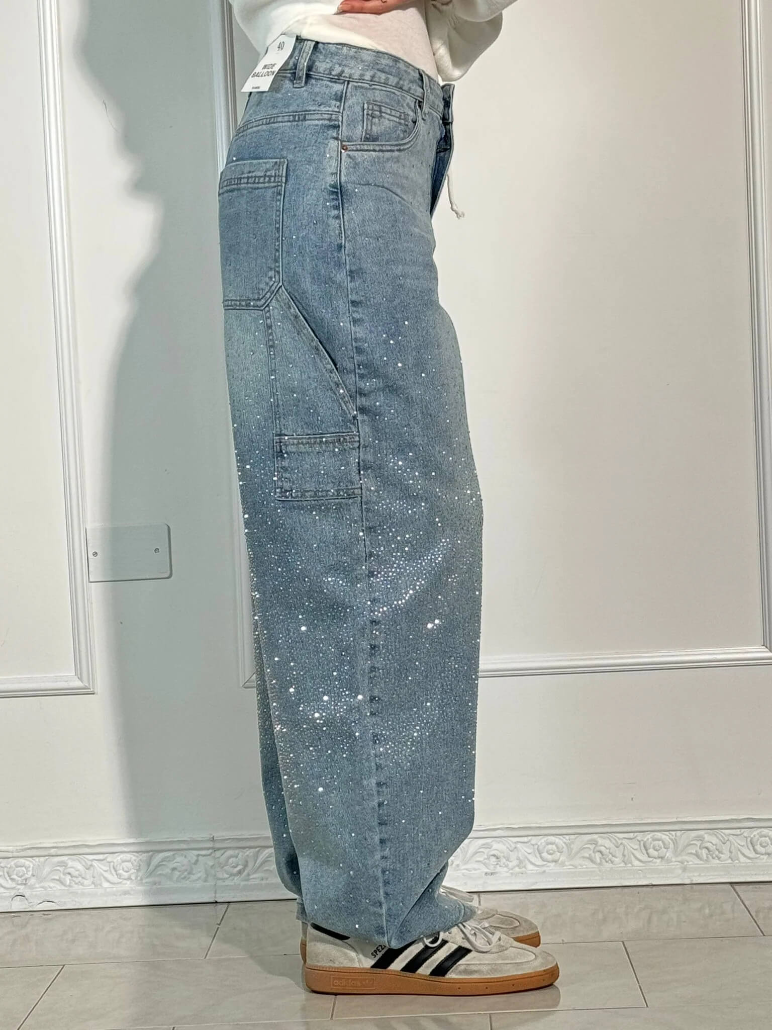 Women’s Paint-Splatter Straight Leg Jeans – Dark Blue High-Waist Denim