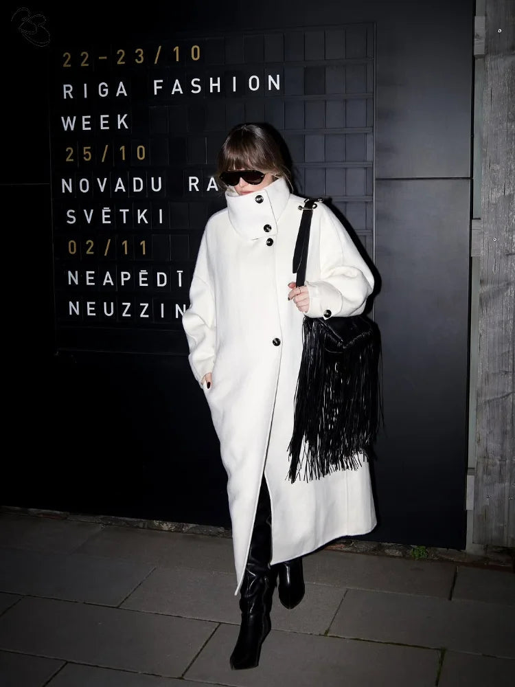 Premium High-Neck Long Wool Coat – Women’s Elegant Winter
