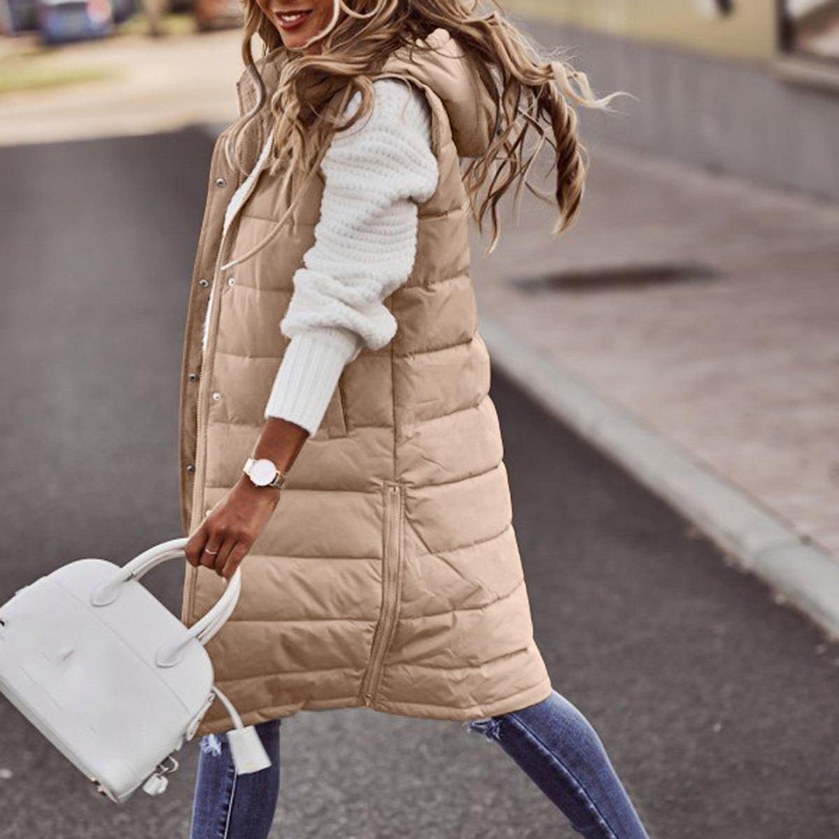 Long Hooded Sleeveless Bodywarmer With Pockets