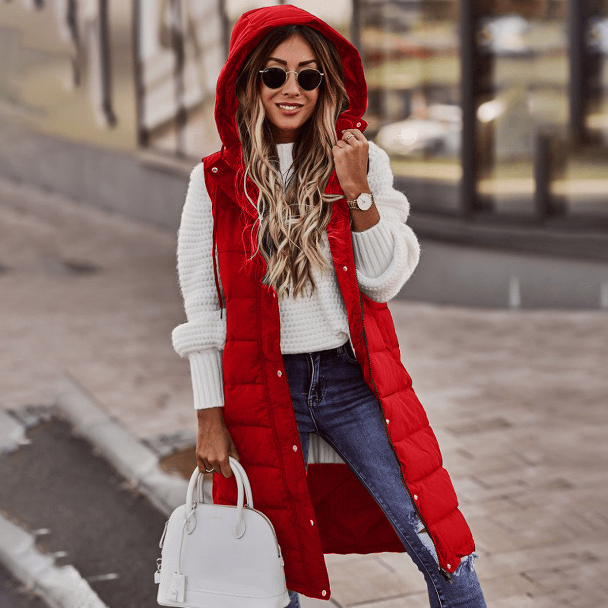 Long Hooded Sleeveless Bodywarmer With Pockets
