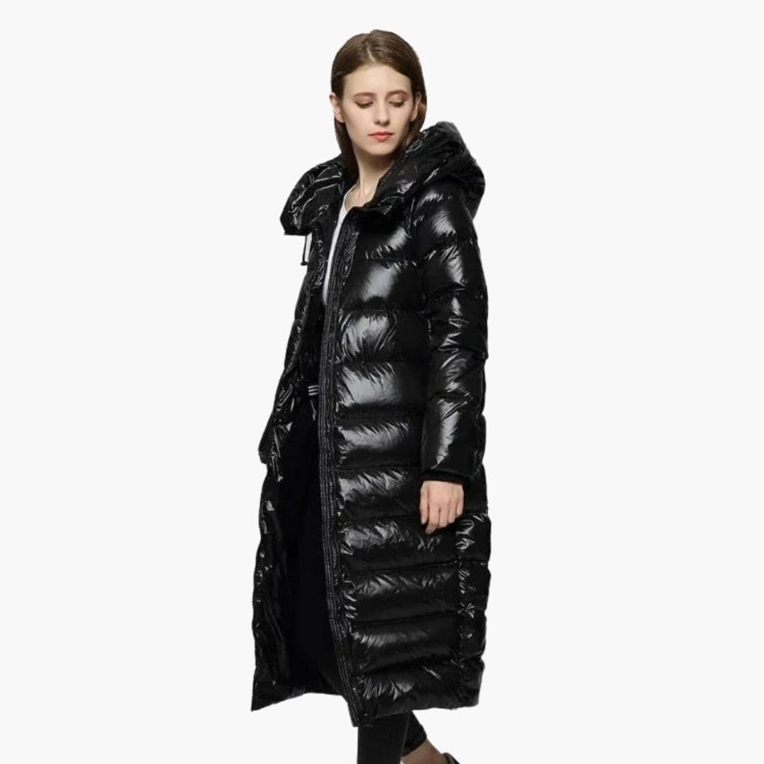 Women’s Long Glossy Puffer Coat – Warm Full-Length Hooded Winter Jacket