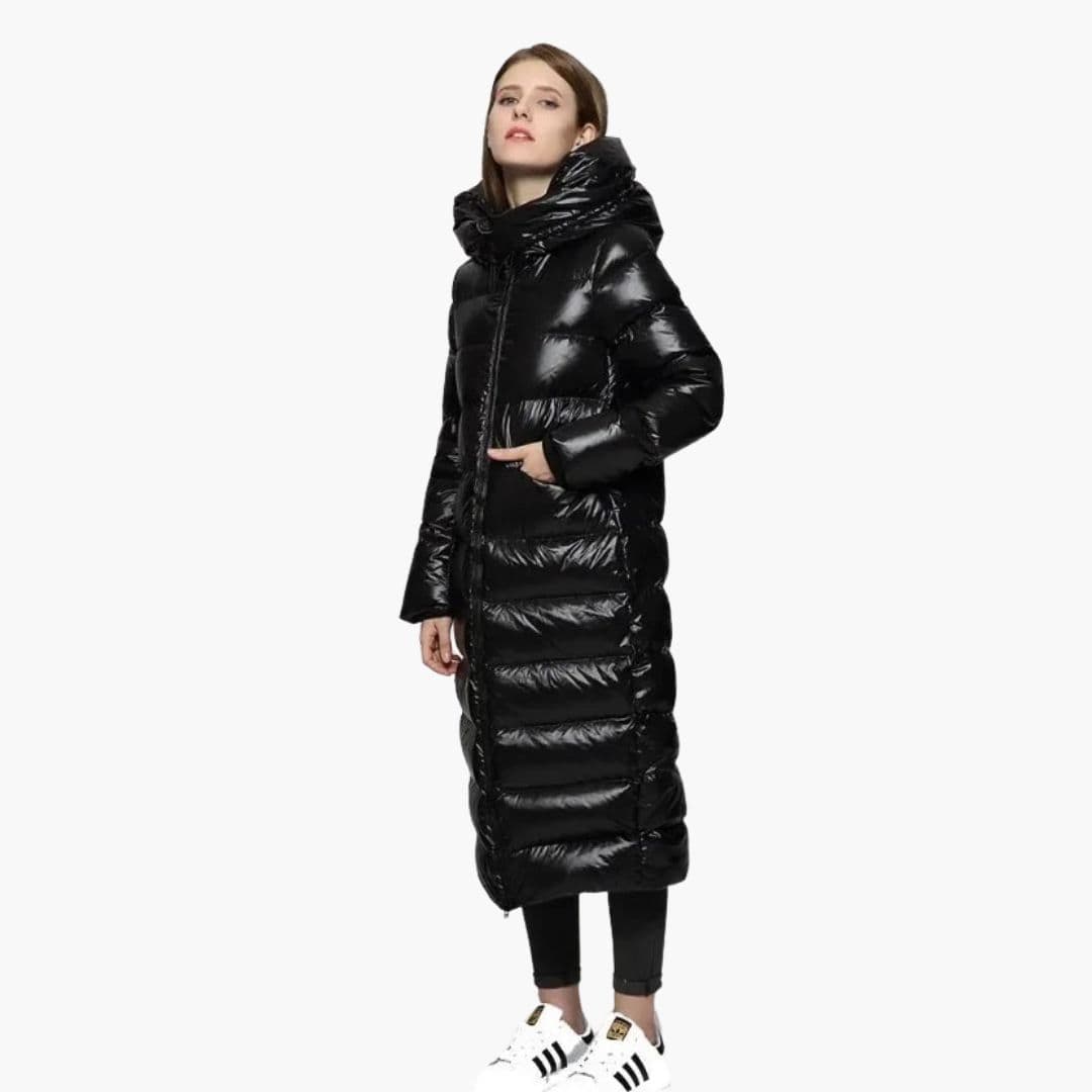 Women’s Long Glossy Puffer Coat – Warm Full-Length Hooded Winter Jacket