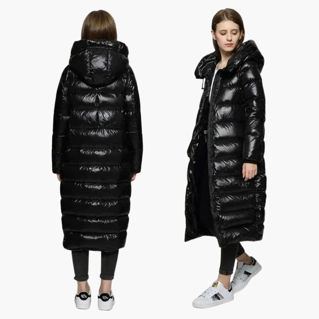 Women’s Long Glossy Puffer Coat – Warm Full-Length Hooded Winter Jacket