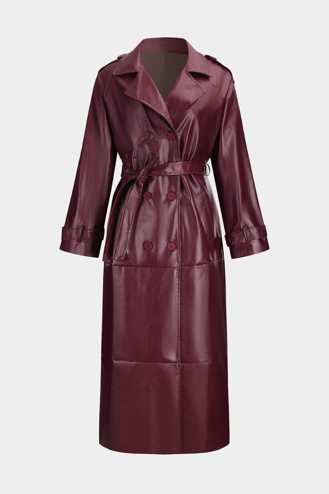 Women’s Faux Leather Trench Coat – Belted, Longline Design