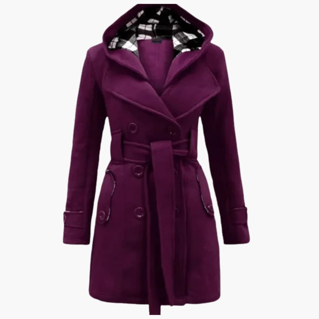 Women’s Belted Hooded Trench Coat – Double-Breasted Winter Jacket