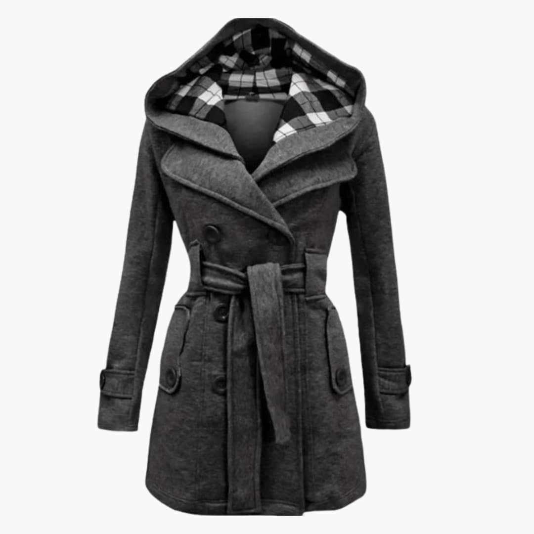 Women’s Belted Hooded Trench Coat – Double-Breasted Winter Jacket