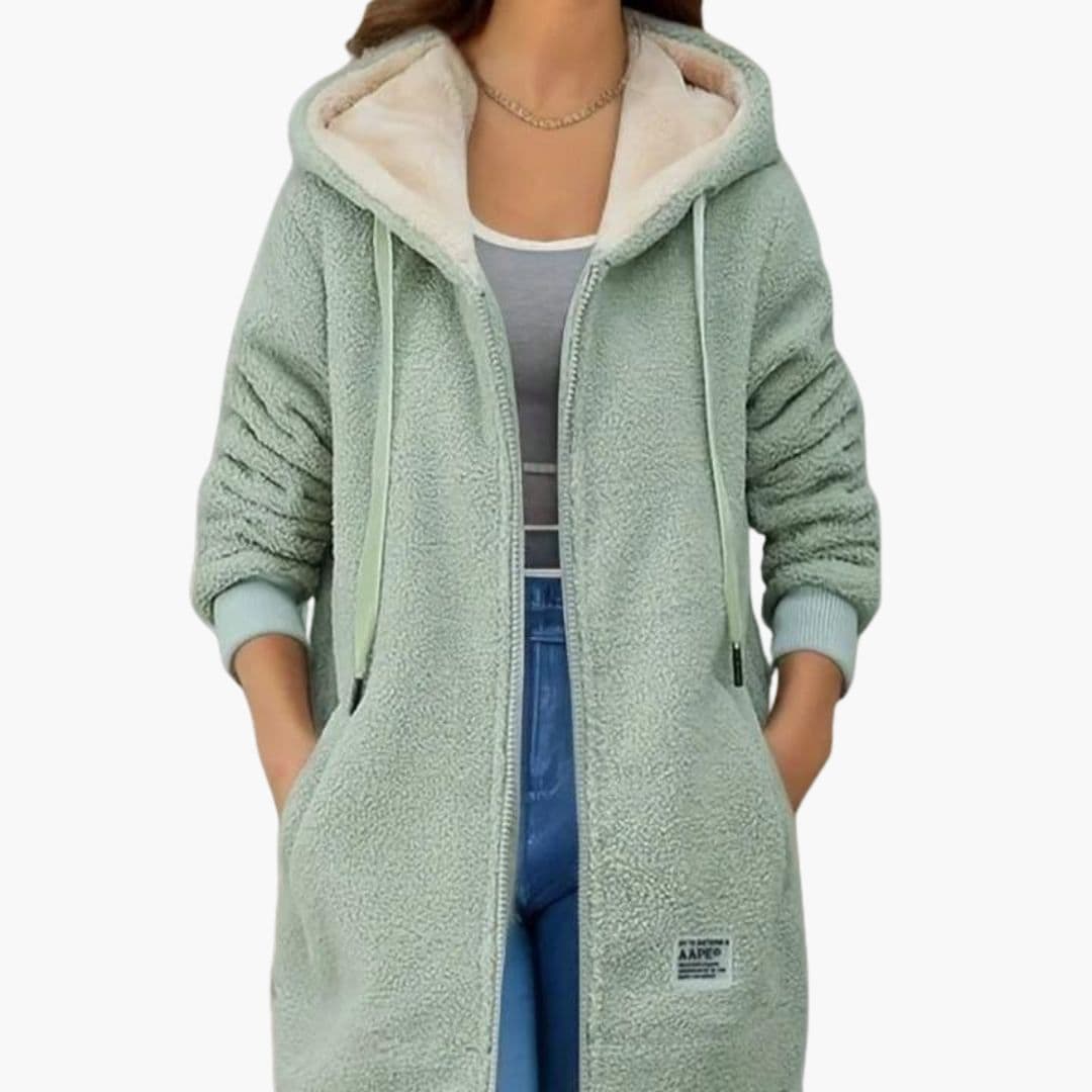 Women’s Long Fleece Hoodie Jacket – Soft Sherpa Zip-Up Coat