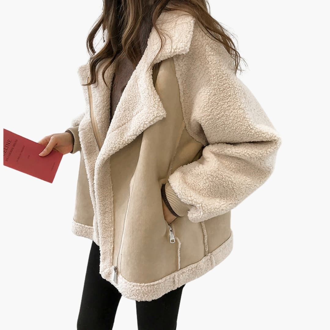 Women’s Shearling Oversized Zip Jacket – Soft Faux Suede Teddy Coat