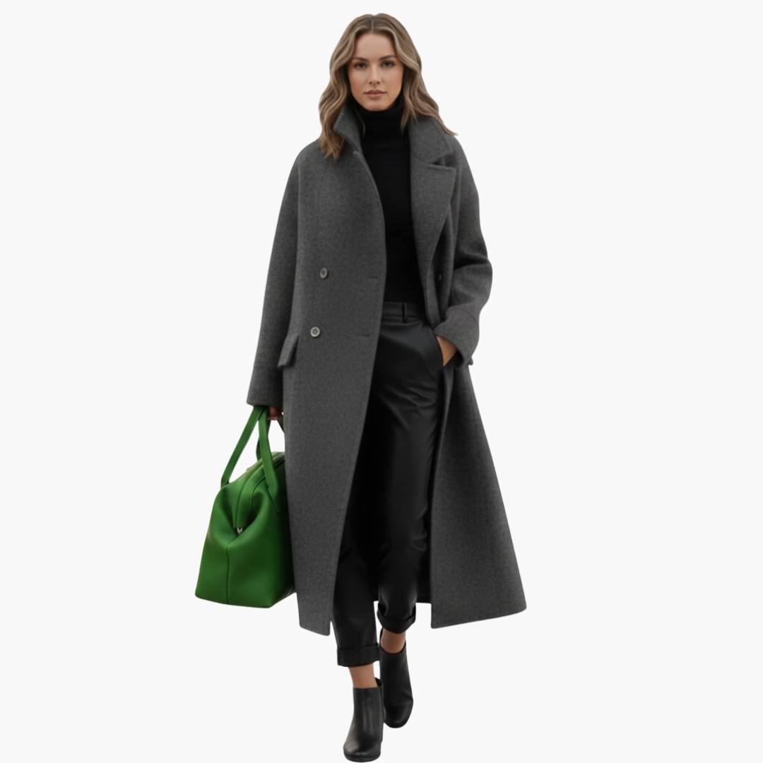 Women’s Long Wool-Blend Coat – Elegant Tailored Winter Overcoat