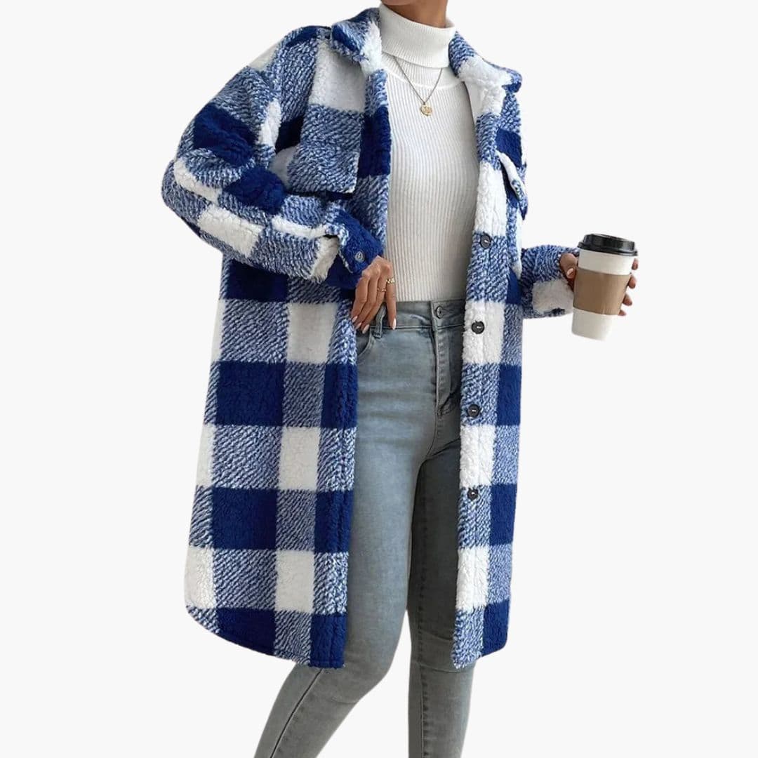 Women’s Long Teddy Check Coat – Soft Plaid Sherpa Jacket