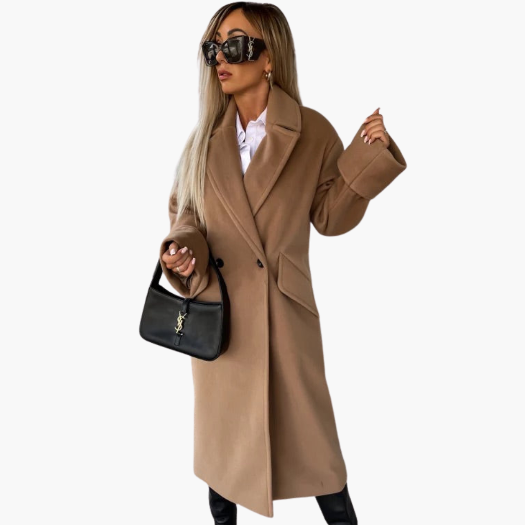 Women’s Long Wool-Blend Coat – Elegant Double-Breasted Winter Overcoat