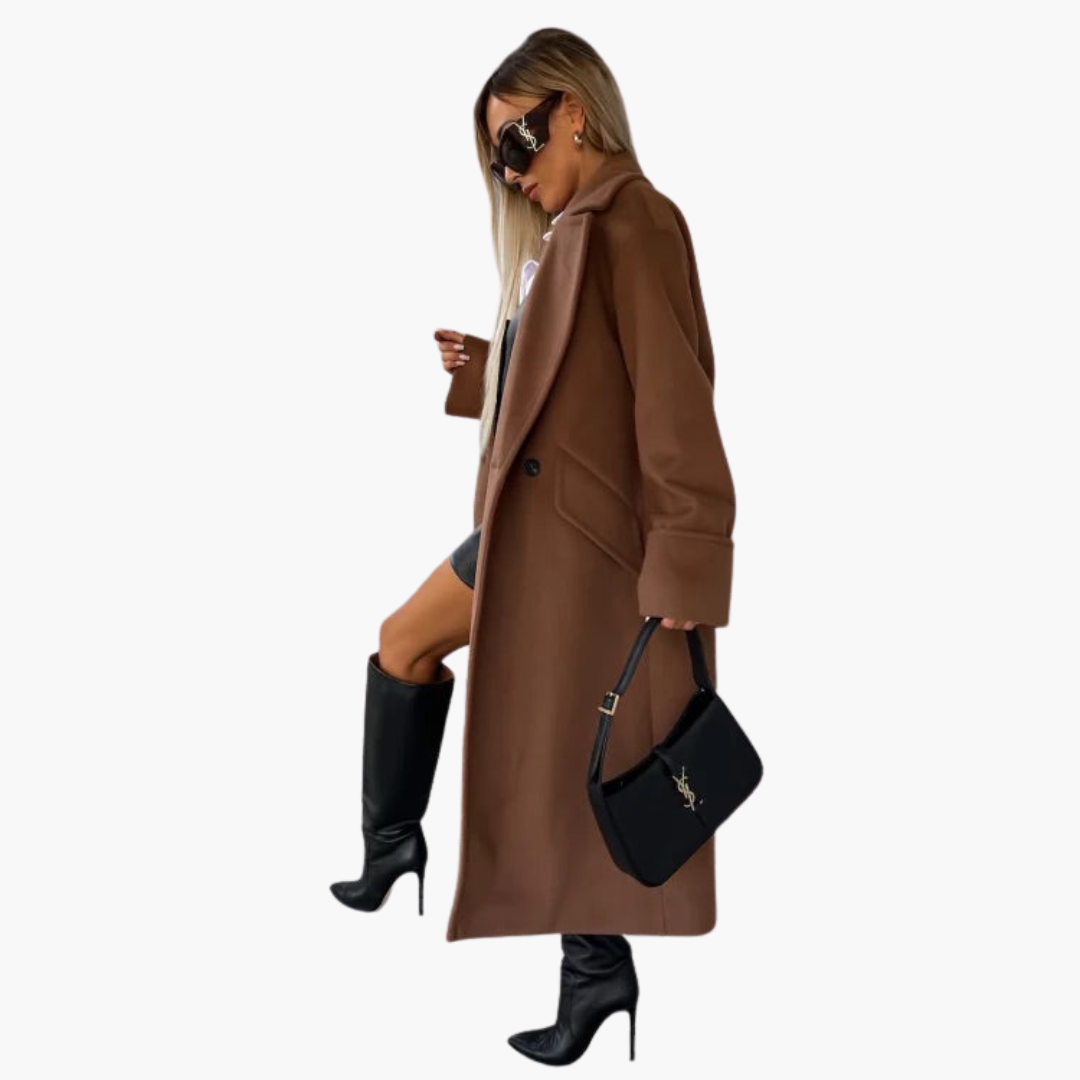 Women’s Long Wool-Blend Coat – Elegant Double-Breasted Winter Overcoat