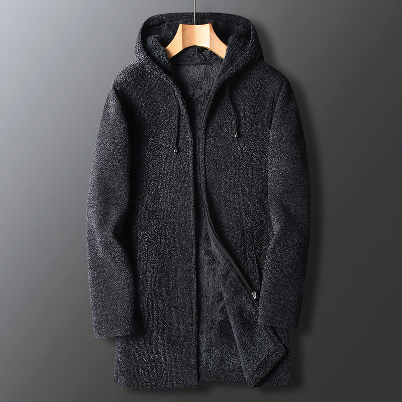 Men's Long Hooded Fleece Jacket with Zip Closure and Drawstring Hood